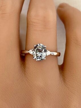 Three Stone Oval Light Gray Blue Moissanite Diamond Sterling Silver Women’s Ring